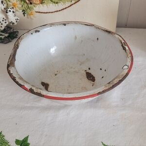 Vintage White and Red Enamel Bowl
